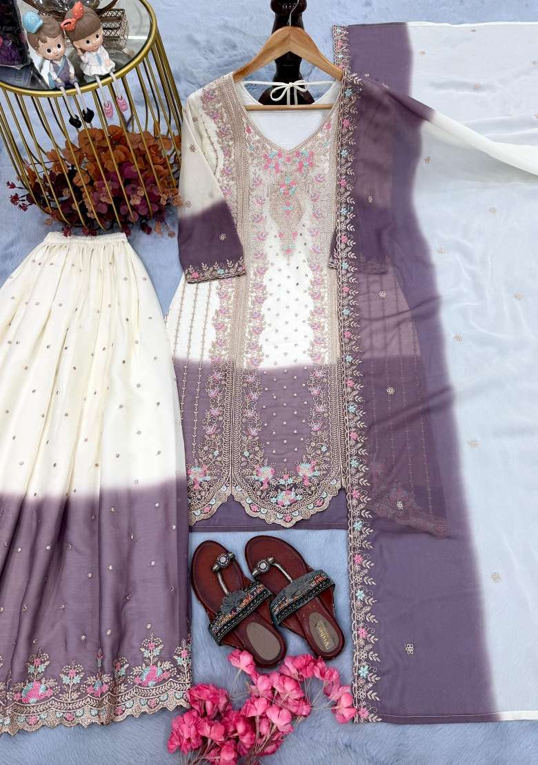 White Embroidered Georgette Salwar Kameez - Indya