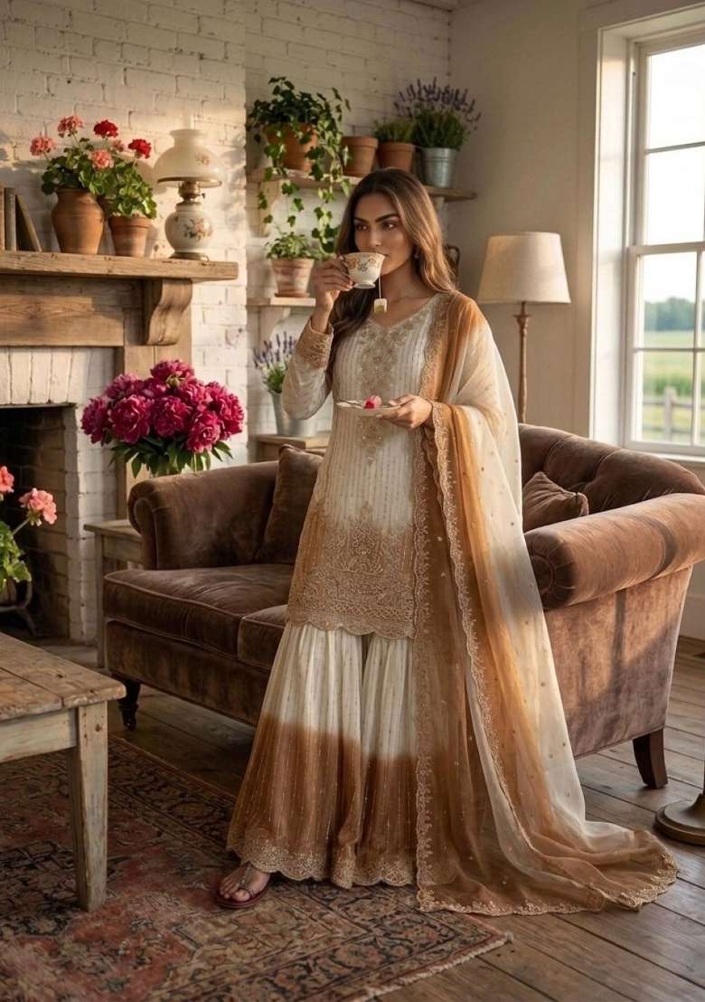 White Embroidered Georgette Salwar Kameez - Indya