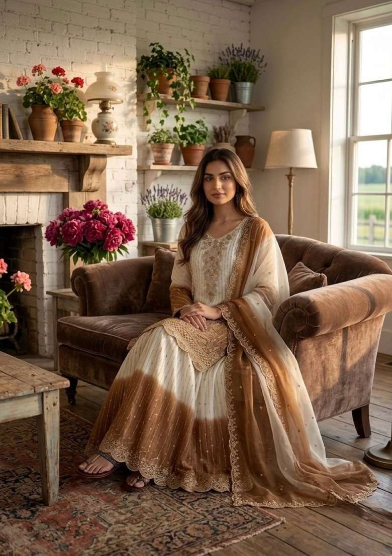 White Embroidered Georgette Salwar Kameez - Indya