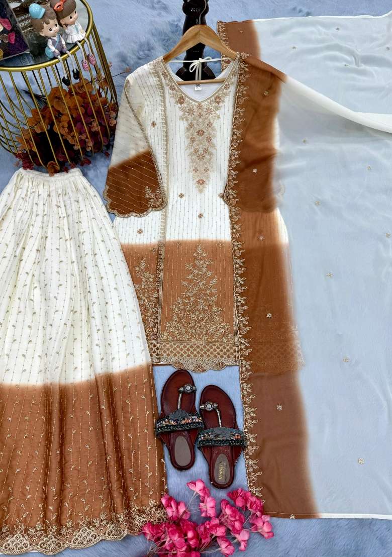 White Embroidered Georgette Salwar Kameez - Indya