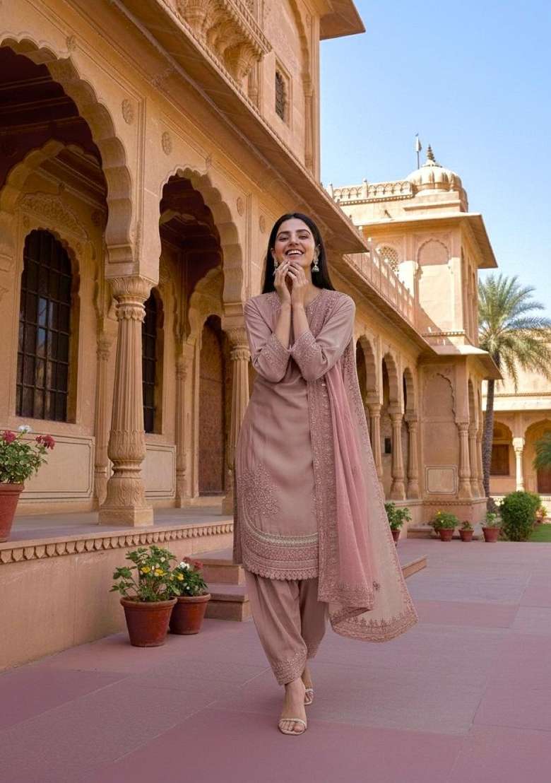 Pink Embroidered Crepe Salwar Kameez - Indya