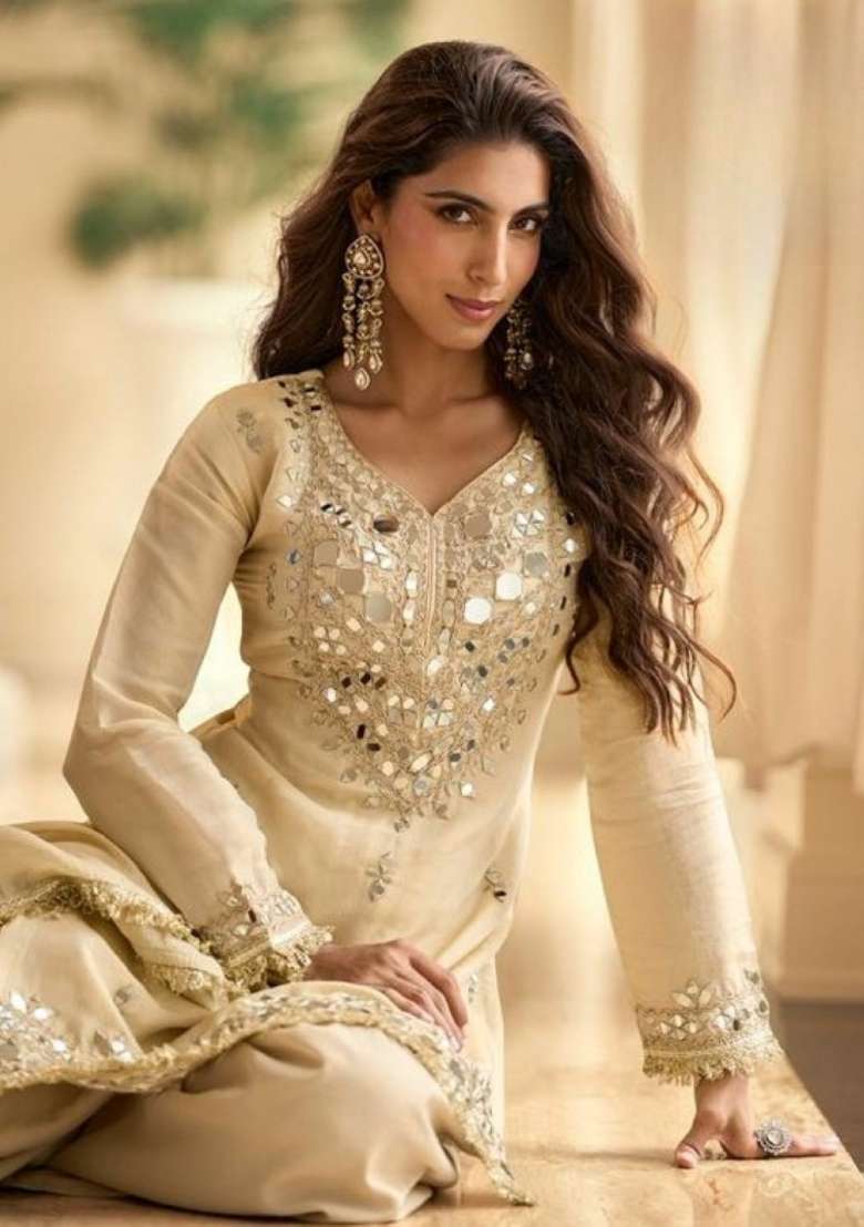 Off White Mirror Work Silk Blend Salwar Kameez - Indya