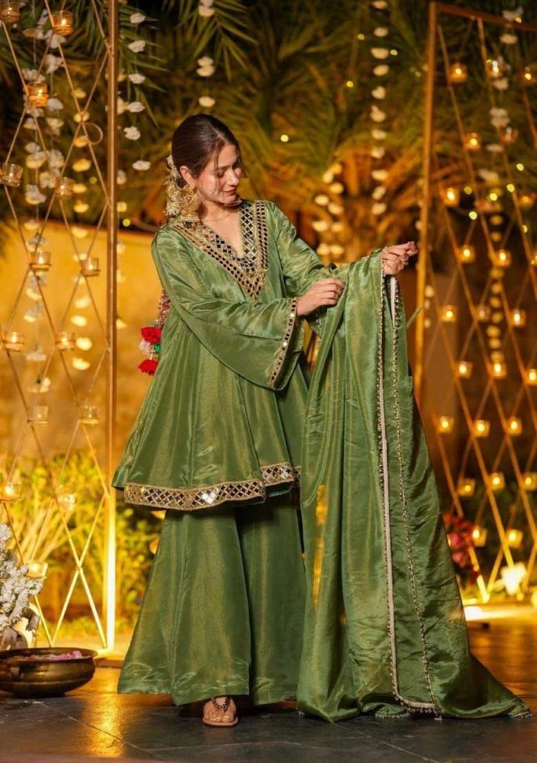 Green Mirror Work Silk Blend Salwar Kameez - Indya