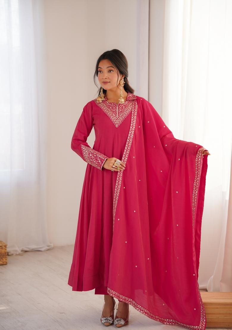 Dark Pink Embroidered Shimmer Kurta Set - Indya