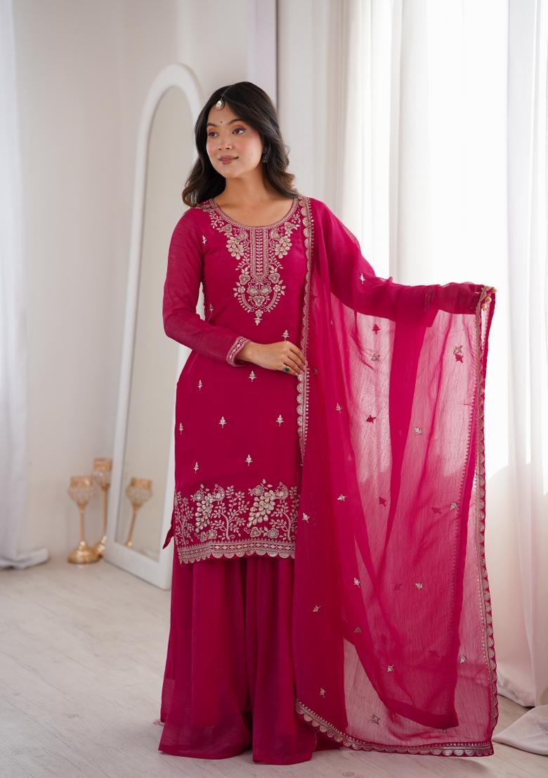 Dark Pink Embroidered Crunchy Sharara Set - Indya
