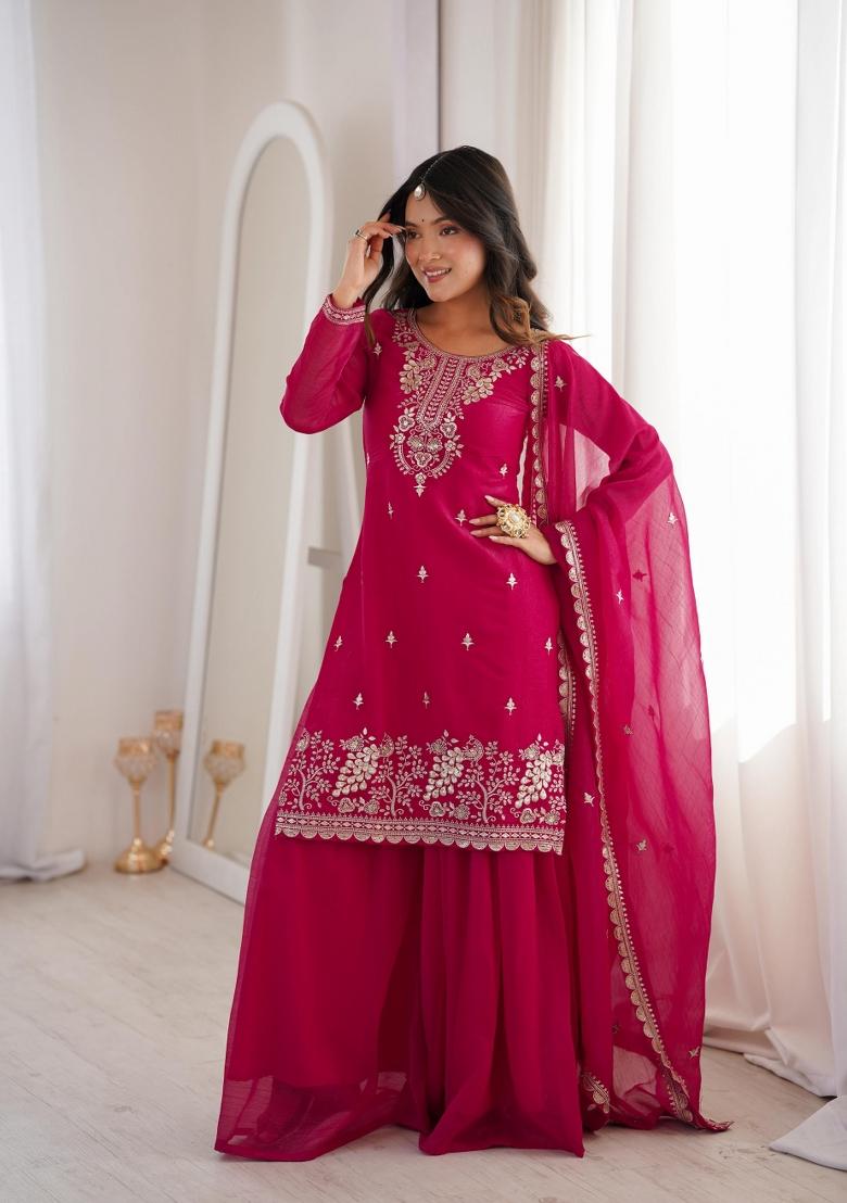 Dark Pink Embroidered Crunchy Sharara Set - Indya
