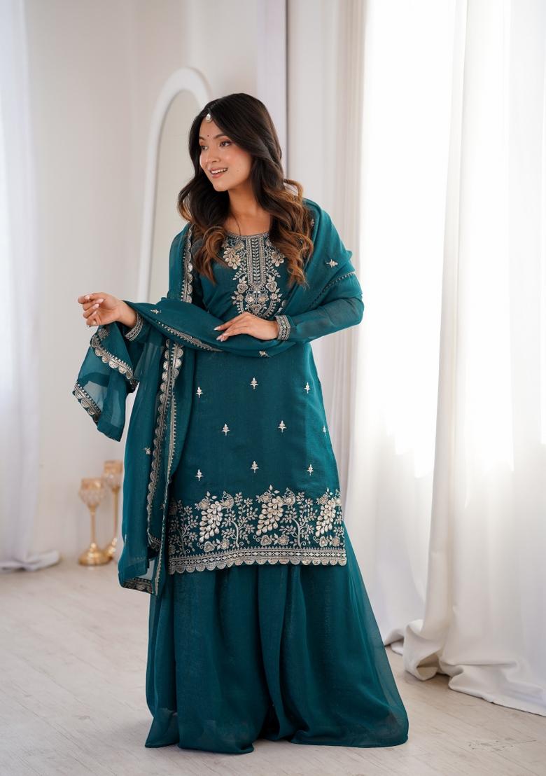 Teal Blue Embroidered Crunchy Sharara Set - Indya