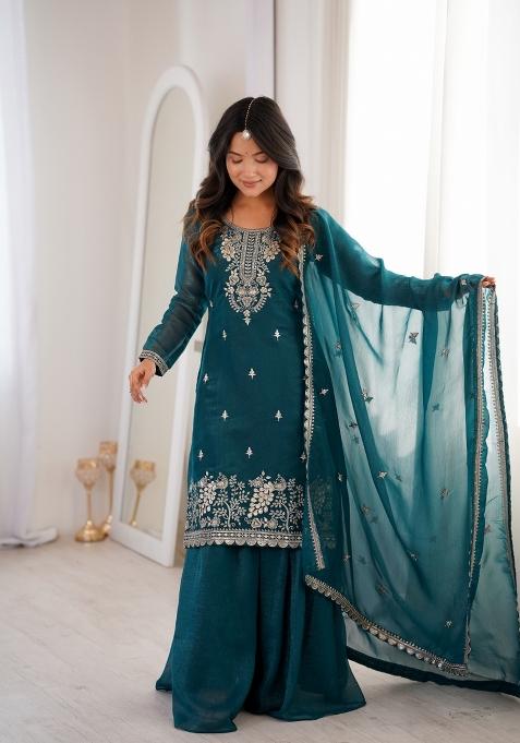Teal Blue Embroidered Crunchy Sharara Set