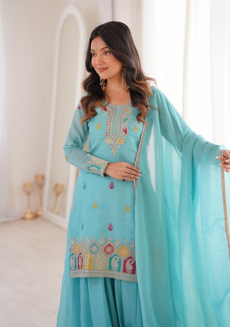 Cyan Embroidered Crunchy Sharara Set - Indya