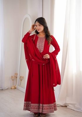 Red Embroidered Vichitra Kurta With Dupatta