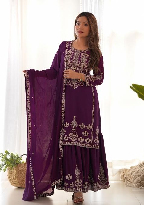 Wine Embroidered Chinon Sharara Set