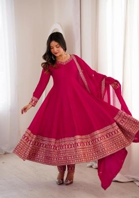 Rani Pink Embroidered Vichitra Anarkali Set