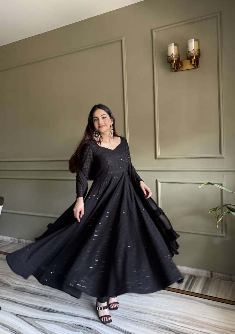 Black Embroidered Georgette Anarkali Set - Indya