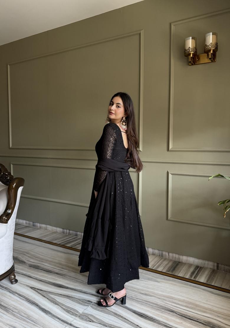Black Embroidered Georgette Anarkali Set - Indya