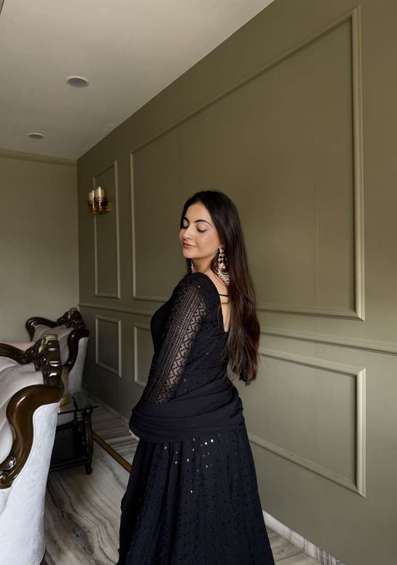 Black Embroidered Georgette Anarkali Set - Indya