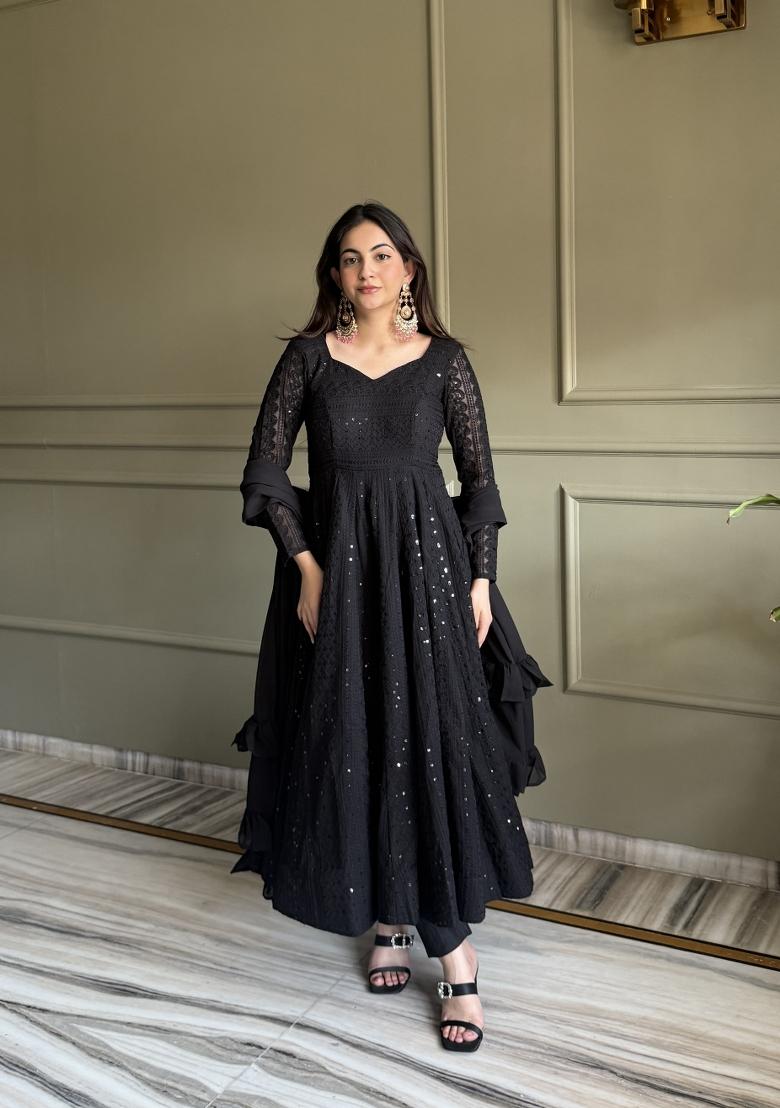 Black Embroidered Georgette Anarkali Set - Indya