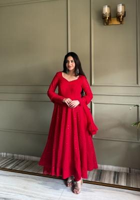 Red Embroidered Georgette Anarkali Set