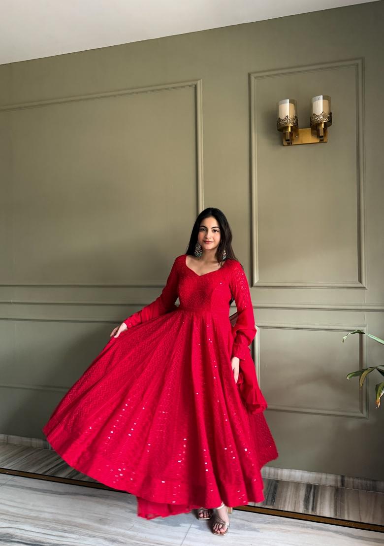 Red Embroidered Georgette Anarkali Set - Indya