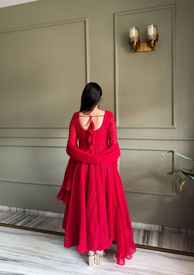 Red Embroidered Georgette Anarkali Set - Indya