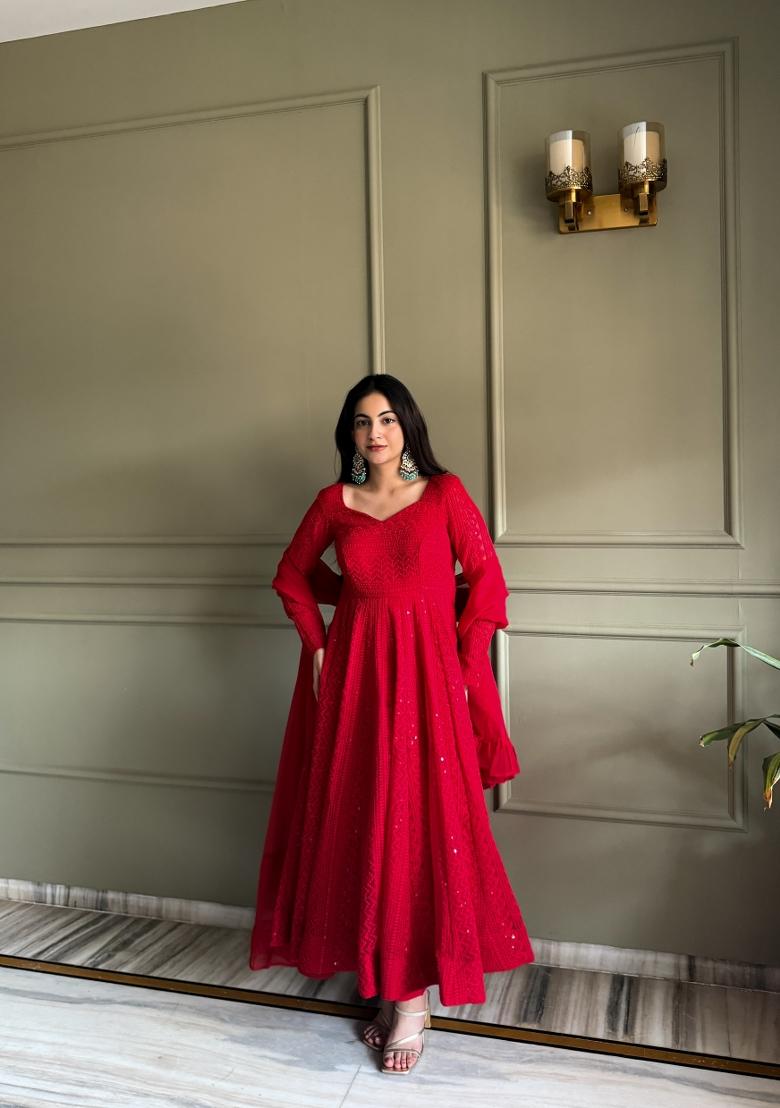 Red Embroidered Georgette Anarkali Set - Indya