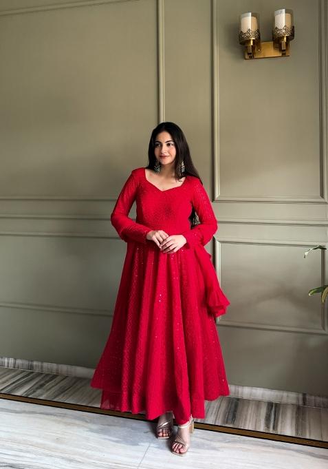 Red Embroidered Georgette Anarkali Set