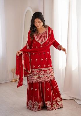 Red Embroidered Georgette Kurta Set