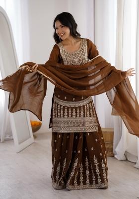 Brown Embroidered Crunchy Sharara Set