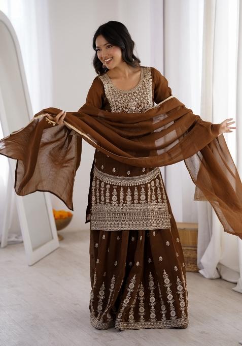 Brown Embroidered Crunchy Sharara Set