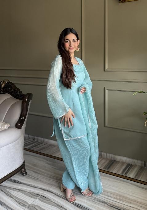 Cyan Hotfix Diamond Crunchy Kurta Set