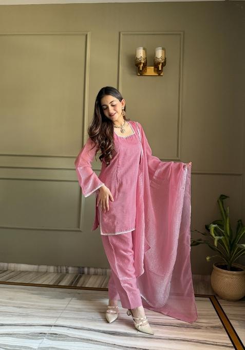 Pink Hotfix Diamond Crunchy Kurta Set