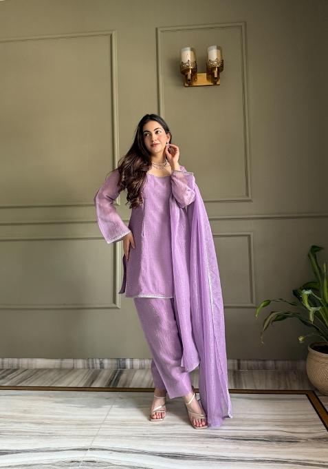Lavender Hotfix Diamond Crunchy Kurta Set
