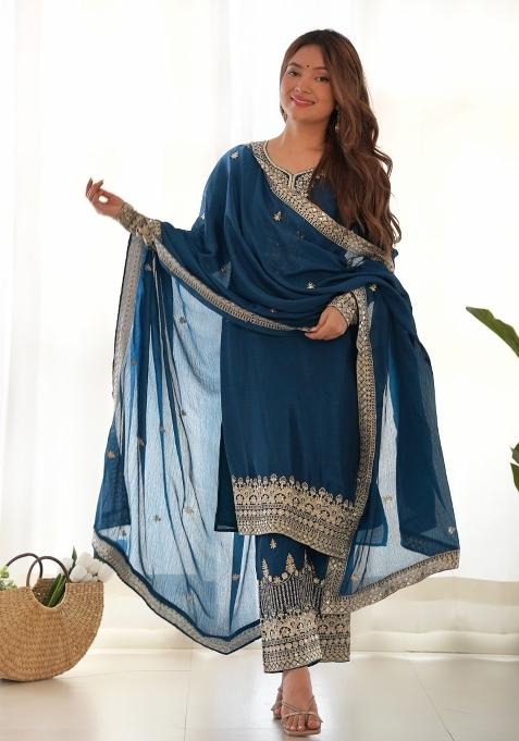 Teal Blue Embroidered Chinon Kurta Set