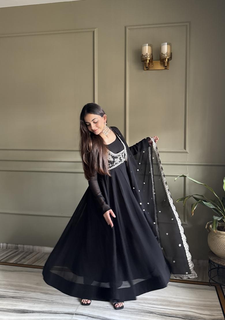 Black Embroidered Georgette Anarkali Set - Indya