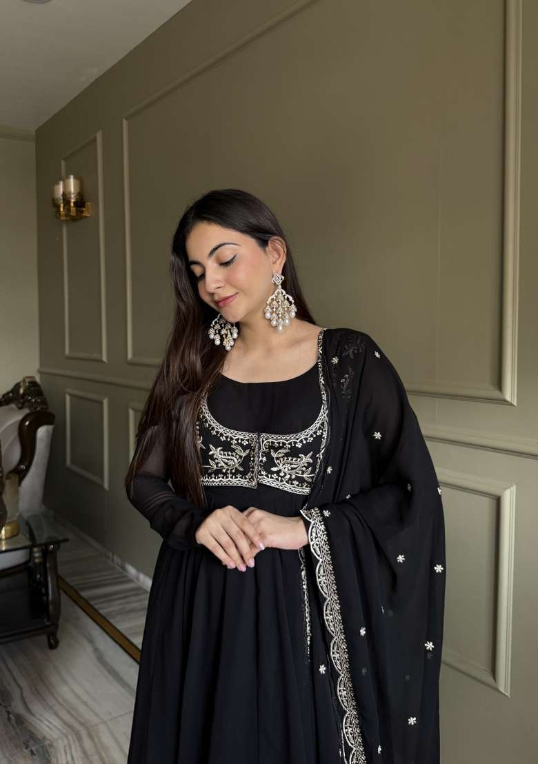 Black Embroidered Georgette Anarkali Set - Indya