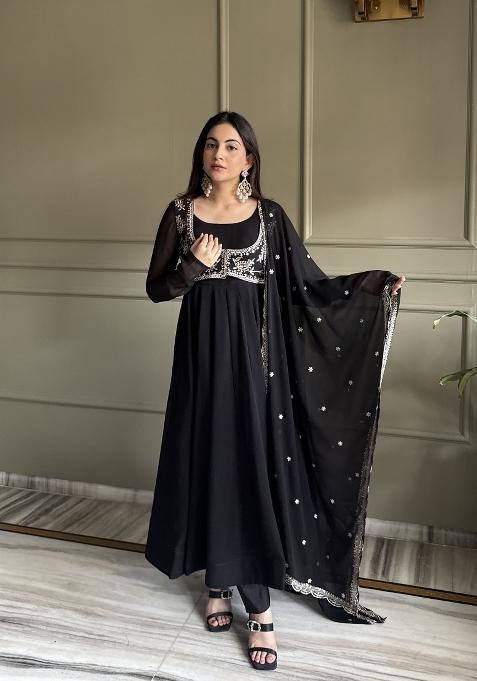 Black Embroidered Georgette Anarkali Set