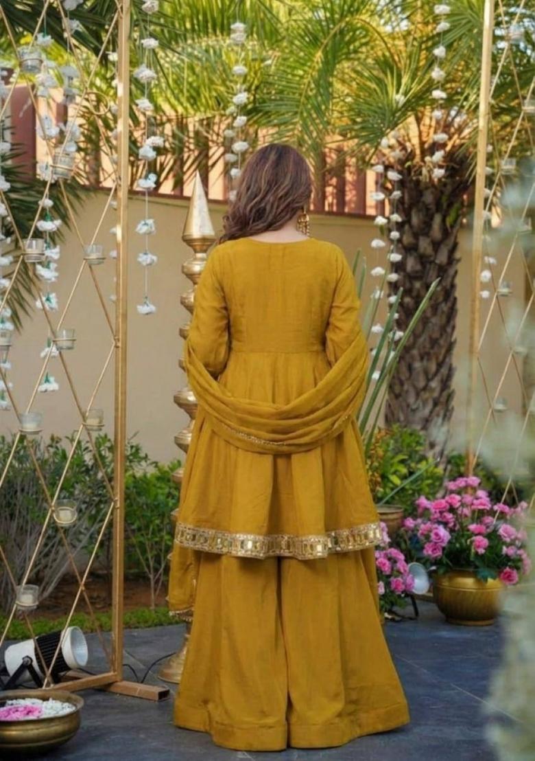 Mustard Mirror Work Silk Blend Salwar Kameez - Indya