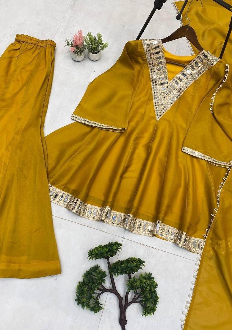 Mustard Mirror Work Silk Blend Salwar Kameez - Indya