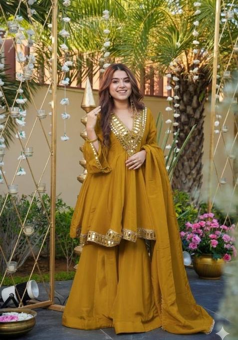 Mustard Mirror Work Silk Salwar Kameez
