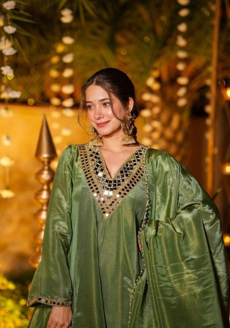 Green Mirror Work Silk Blend Salwar Kameez - Indya