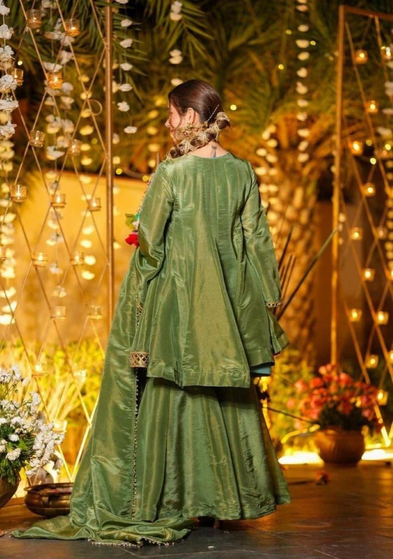 Green Mirror Work Silk Blend Salwar Kameez - Indya