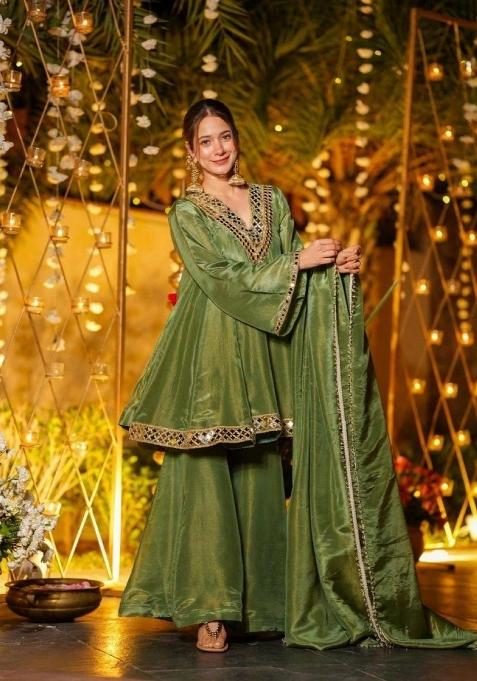 Green Mirror Work Silk Salwar Kameez