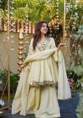 White Mirror Work Silk Salwar Kameez