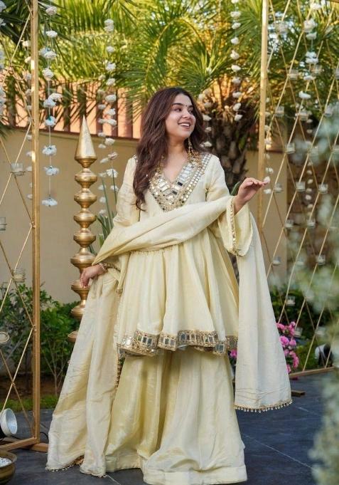 White Mirror Work Silk Salwar Kameez