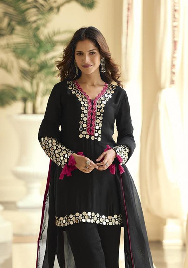 Black Embroidered Silk Blend Salwar Kameez - Indya