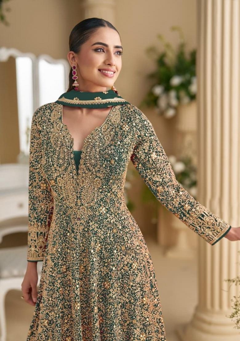 Dark Green Sequin Georgette Anarkali With Dupatta - Indya