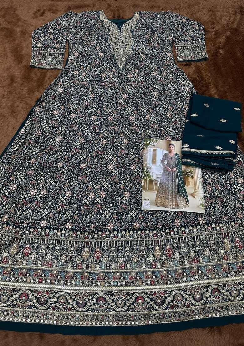 Dark Green Sequin Georgette Anarkali With Dupatta - Indya