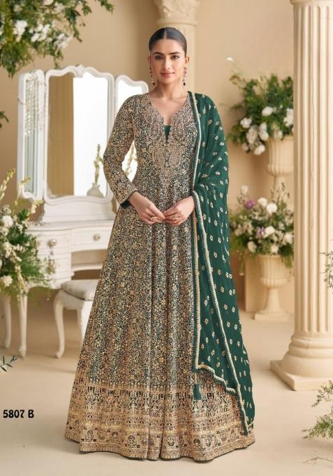 Dark Green Sequin Georgette Anarkali With Dupatta