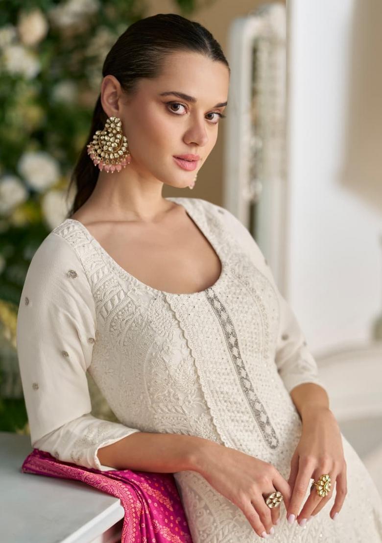 White Embroidered Georgette Anarkali With Dupatta - Indya