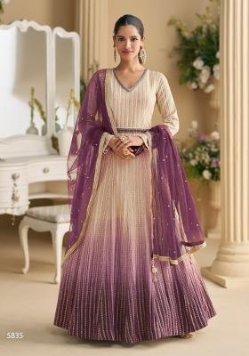 Cream Embroidered Georgette Anarkali With Dupatta