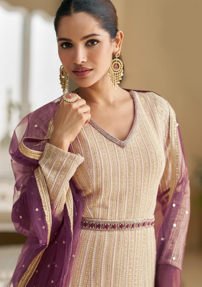 Cream Embroidered Georgette Anarkali With Dupatta - Indya